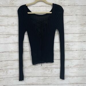 Free People Black Deep V Lace-Up Back Long Sleeve Sheer Ribbed Top Size S NWT‎